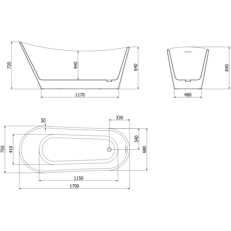 Mexen Alta voľne stojaca vaňa 170 x 75 cm, biela, biely prepad - 52141707500-20