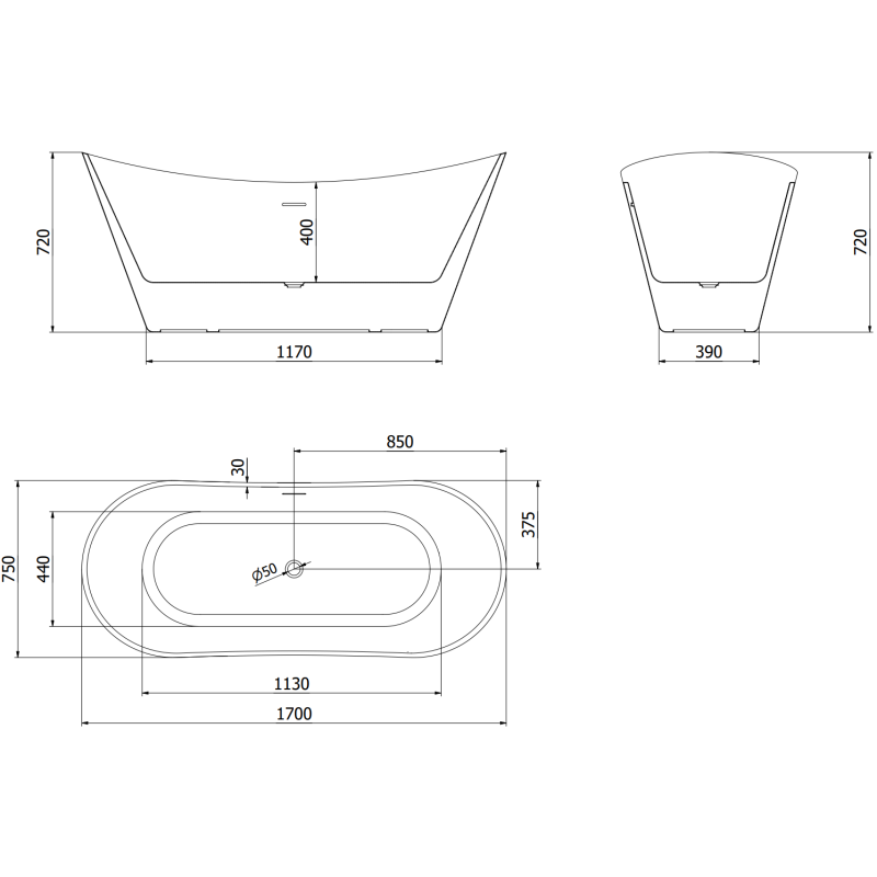 Mexen Celia voľne stojaca vaňa 170 x 75 cm, biela/čierna, čierny prepad - 52331707575-70