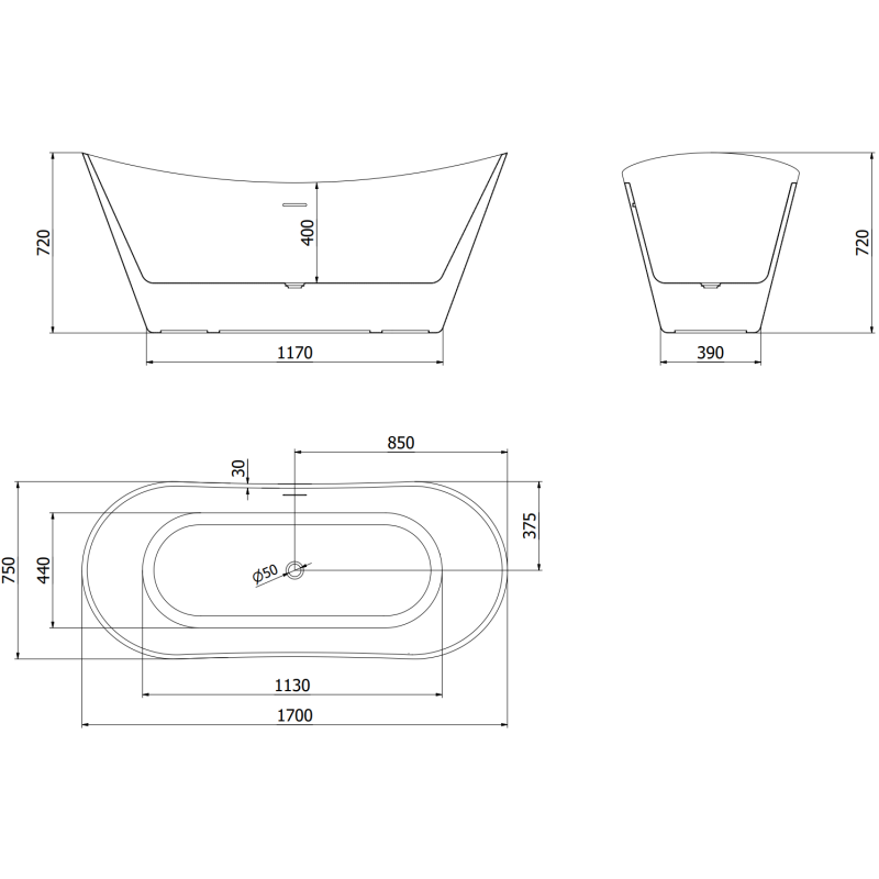 Mexen Celia samostatne stojaca vaňa 170 x 75 cm, biela/čierna, biely preliv - 52331707575-20