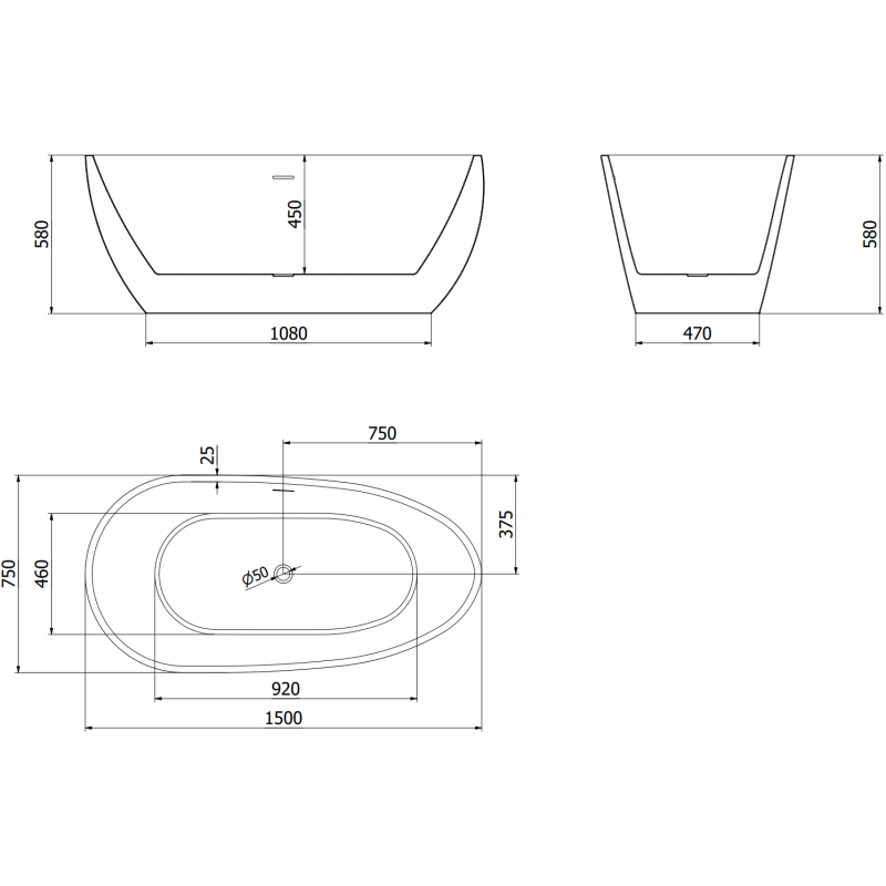 Mexen Eos voľne stojaca vaňa 150 x 75 cm, biela, biely prepad - 52471507500-20