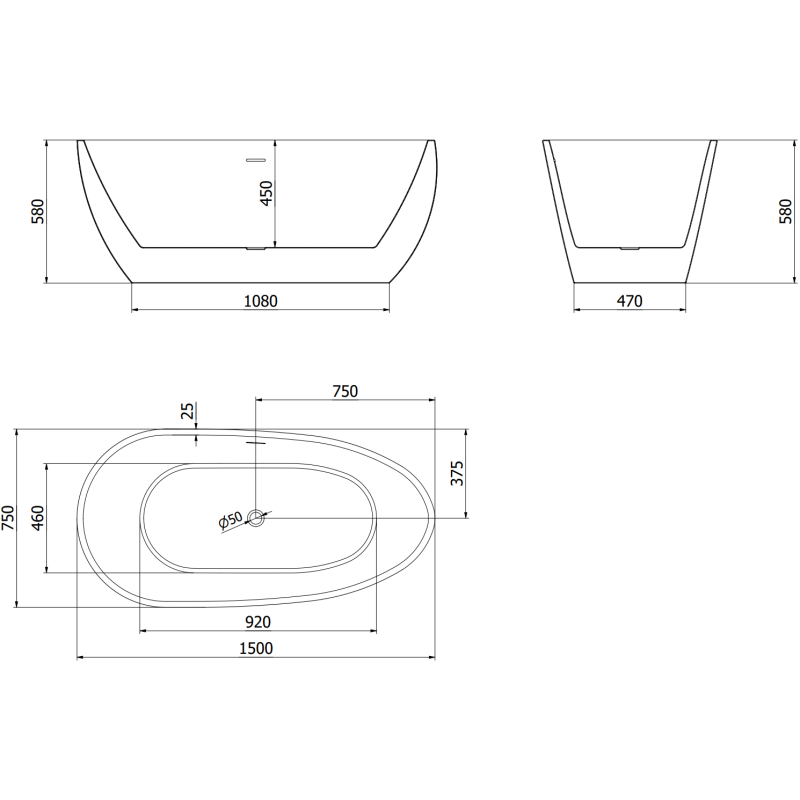 Mexen Eos samostatne stojaca vaňa 150 x 75 cm, biela/čierna, biely prepad - 52471507575-20