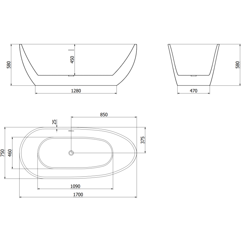 Mexen Eos samostatne stojaca vaňa 170 x 75 cm, biela, prepad z brúseného niklu - 52471707500-97