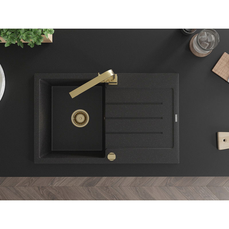 Mexen Bruno granitový drez s 1 komorou, odkvapkávačom a kuchynskou batériou Rita, čierny/strieborný metalický