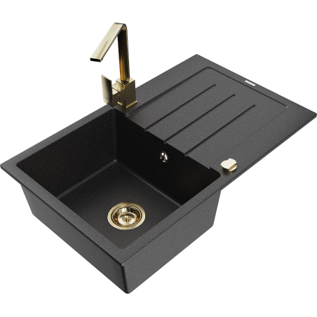 Mexen Bruno granitový drez s 1 komorou, odkvapkávačom a kuchynskou batériou Rita, čierny/strieborný metalický
