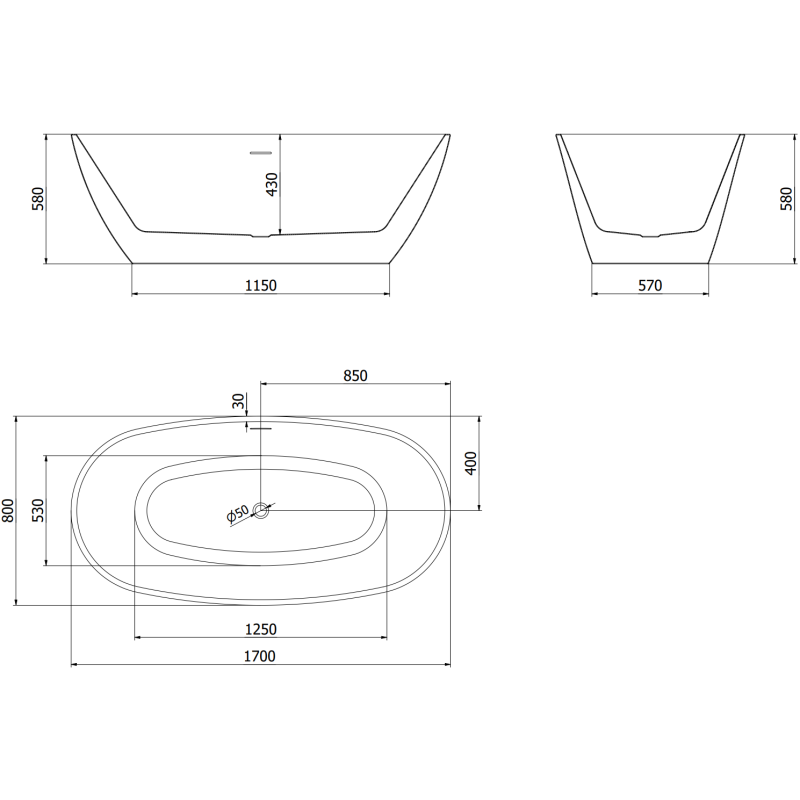 Mexen Eris voľne stojaca vaňa 170 x 80 cm, biela, prepad zlatý kartáčovaný - 53441708000-55
