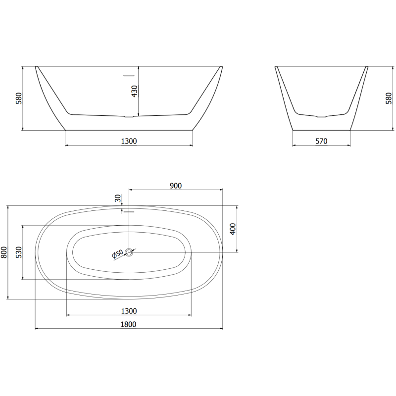Mexen Eris voľne stojaca vaňa 180 x 80 cm, biela/čierna, prepad zlatý - 53441808075-50