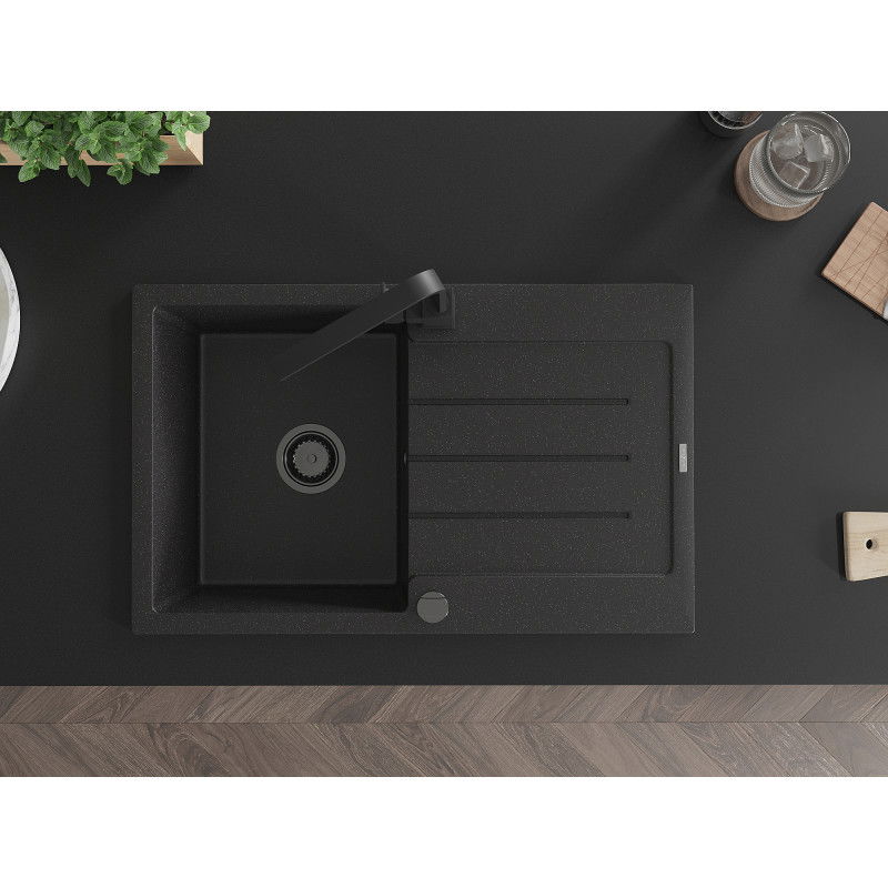 Mexen Bruno žulový drez 1-komorový s odkvapkávačom a kuchynskou batériou Rita, čierny/strieborný metalík - 6513-73-670300-70-B