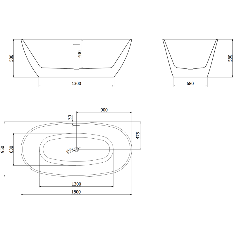 Mexen Eris voľne stojaca vaňa 180 x 95 cm, biela/čierna, prepad chróm - 53441809575-01