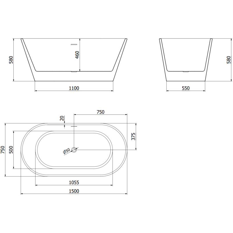 Mexen Flavia voľne stojaca vaňa 150 x 75 cm, biela, prepad gun metal - 54031507500-95
