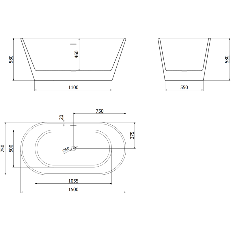 Mexen Flavia voľne stojaca vaňa 150 x 75 cm, biela/čierna, prepad zlatý - 54031507575-50
