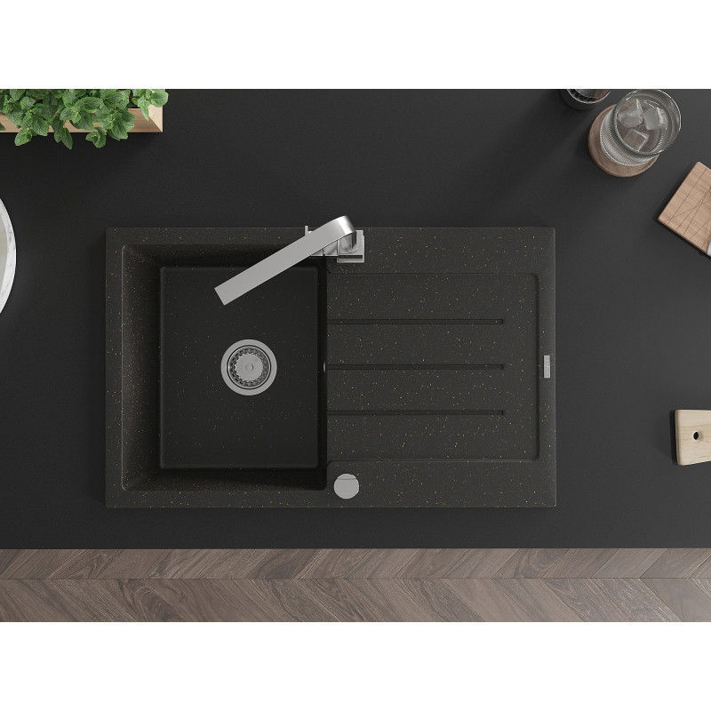 Mexen Bruno žulový drez s 1 komorou, odkvapkávacou plochou a kuchynskou batériou Rita, čierny/zlatý metalik - 6513-75-670300-00