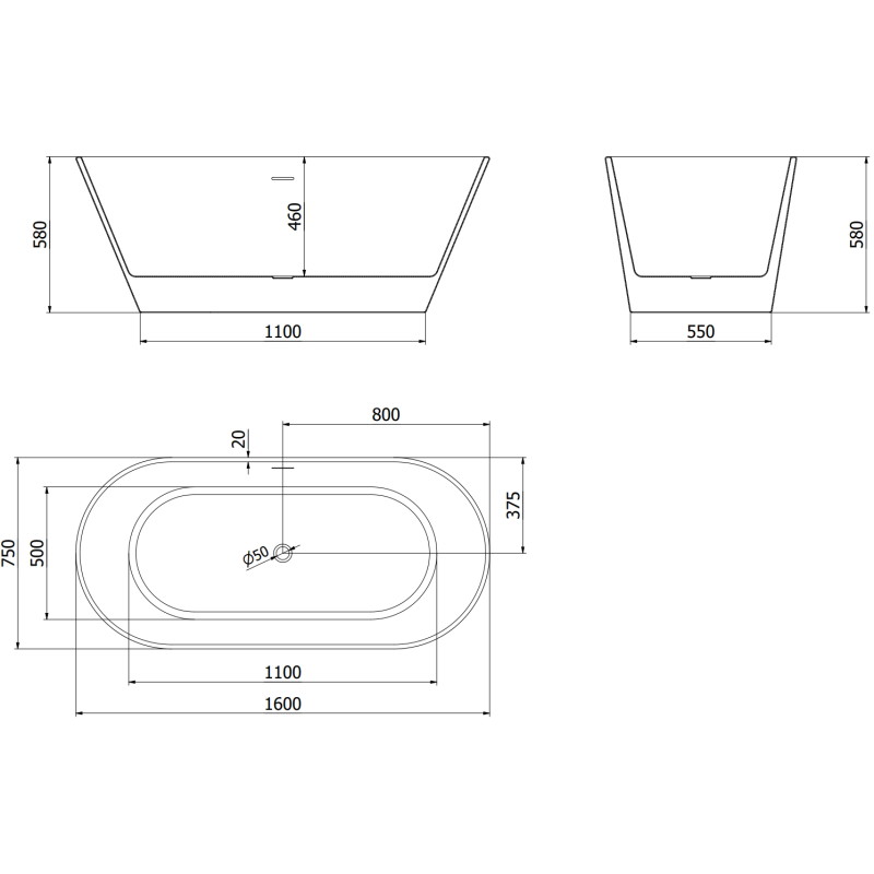 Mexen Flavia voľne stojaca vaňa 160 x 75 cm, biela/čierna, preliv gun gray brúsený - 54031608075-66