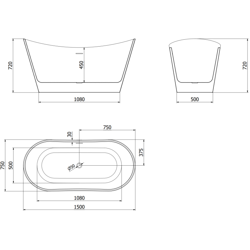 Mexen Montana voľne stojaca vaňa 150 x 75 cm, biela, prepad medený kartáčovaný - 52011507500-65