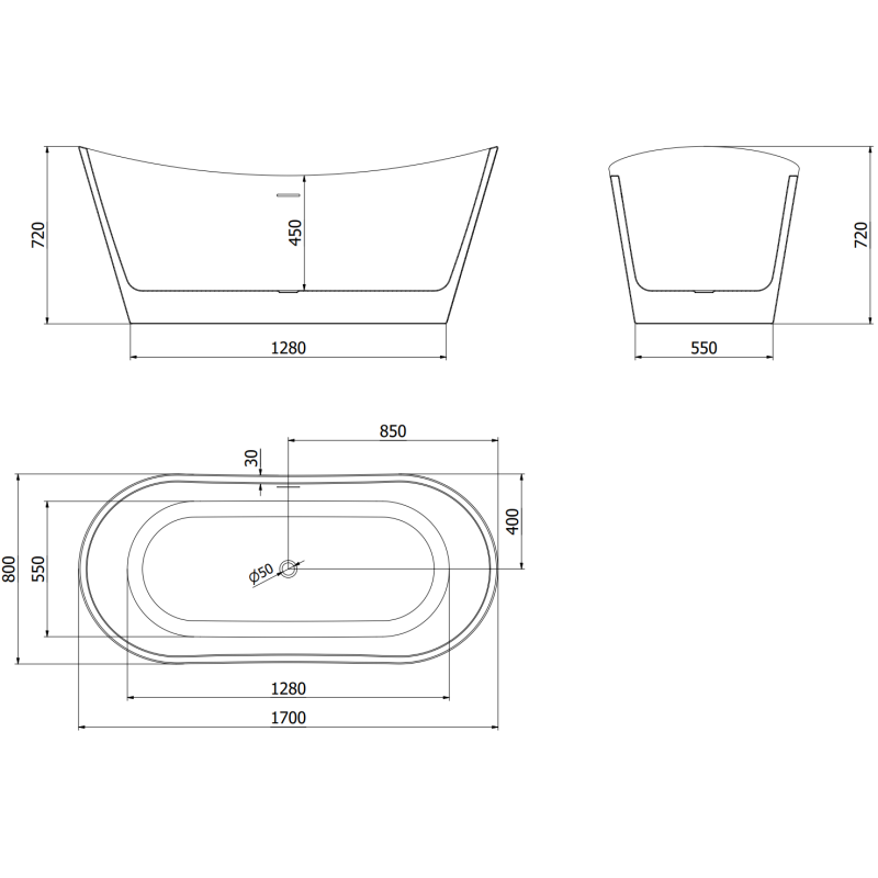 Mexen Montana voľne stojaca vaňa 170 x 80 cm, čierna, prepad zlatý - 52011708070-50