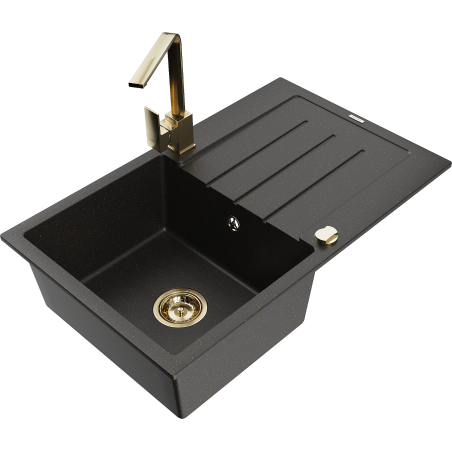 Mexen Bruno granitový jednodrez s odkvapkávacou plochou a kuchynskou batériou Rita, čierny/zlatý metalik