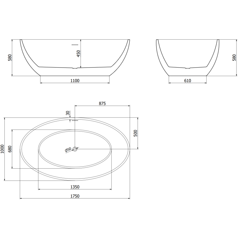 Mexen Nike voľne stojaca vaňa 175 x 100 cm, biela/čierna, biely prepúšťací otvor - 54071751075-20