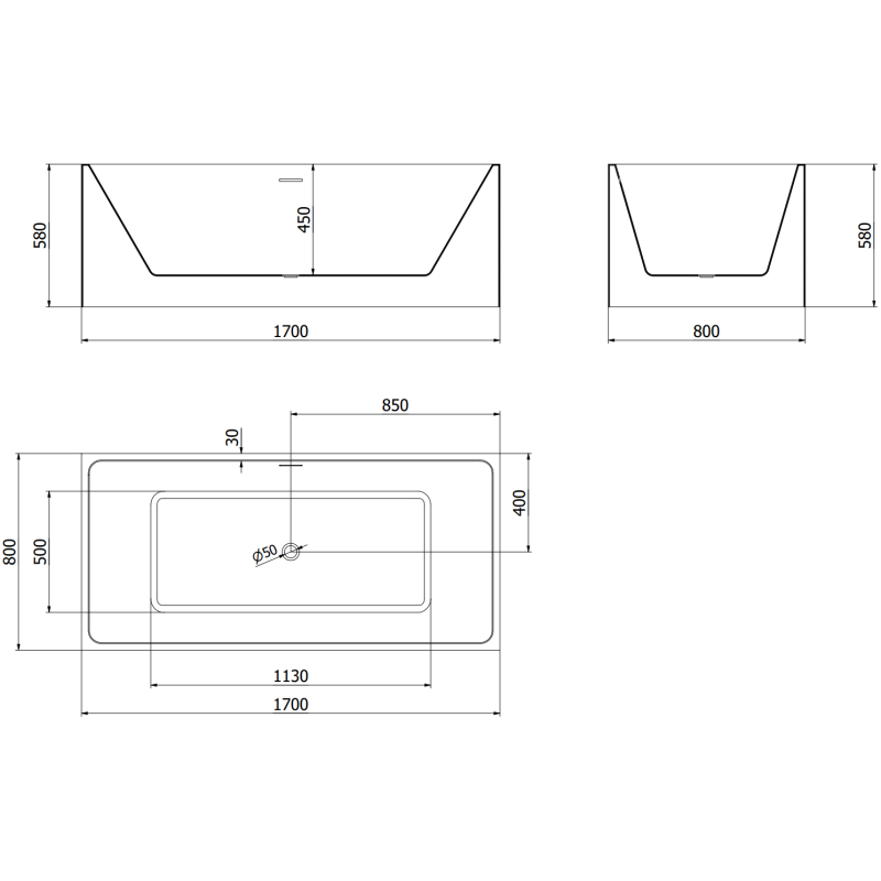 Mexen Nita voľne stojaca vaňa 170 x 80 cm, biela, preliv gun gray brúsený - 52091708000-66