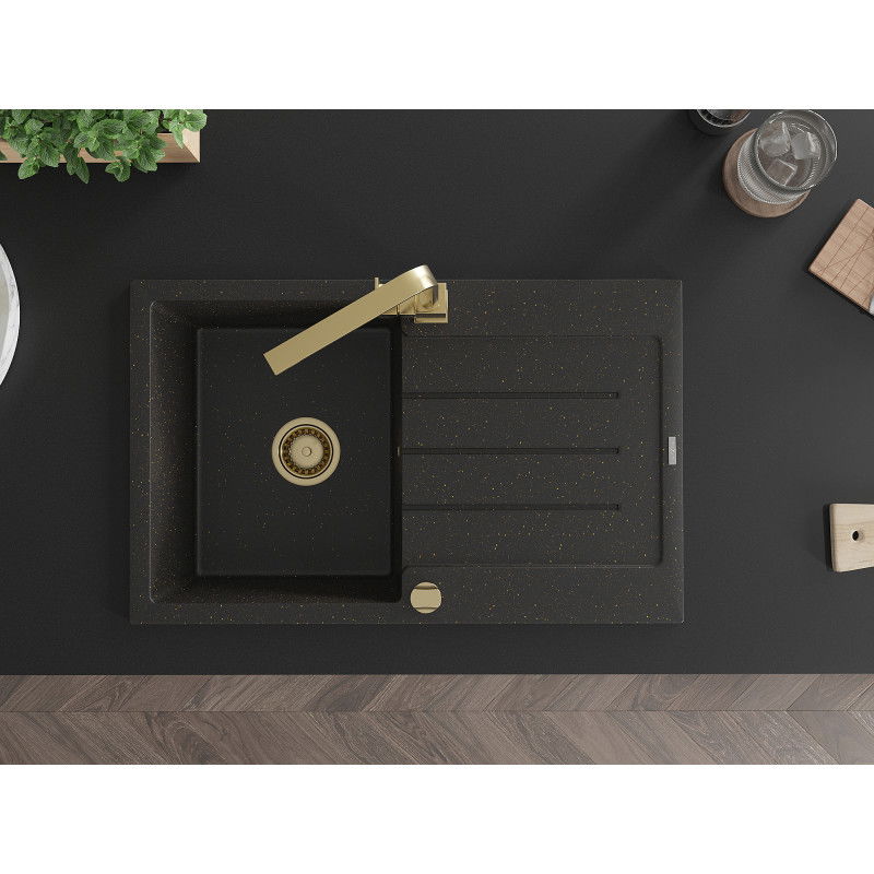 Mexen Bruno granitový jednodrez s odkvapkávacou plochou a kuchynskou batériou Rita, čierny/zlatý metalik