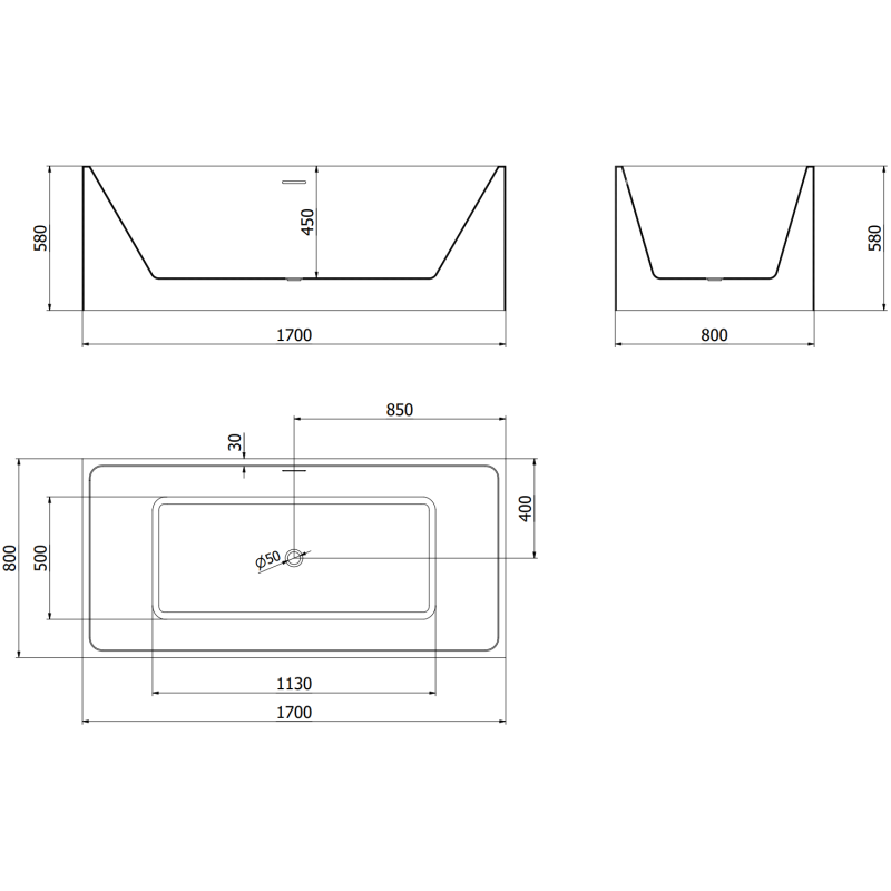 Mexen Nita voľne stojaca vaňa 170 x 80 cm, biela/čierna, prepad chróm - 52091708075-01