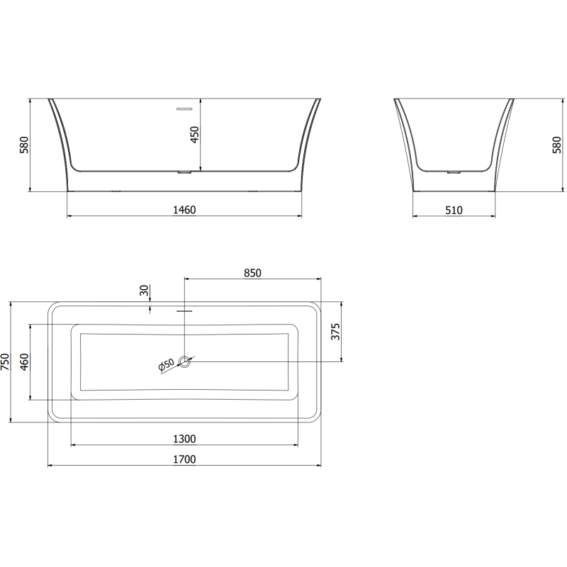 Mexen Tonia voľne stojaca vaňa 170 x 75 cm, biela, preliv gun gray brúsený - 52171707500-66