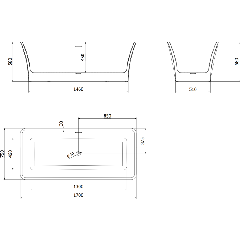 Mexen Tonia voľne stojaca vaňa 170 x 75 cm, biela/čierna, prepad brúsený nikel - 52171707575-97