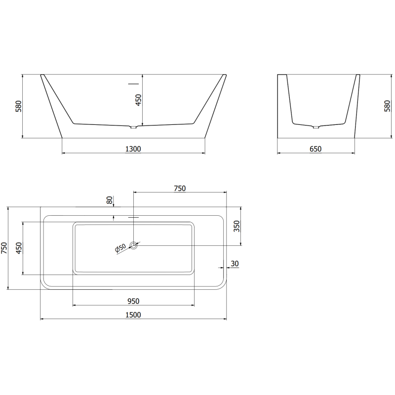 Mexen Volta voľne stojaca nástenná vaňa 150 x 75 cm, biela, prepad gun gray brúsený - 51131507500-66