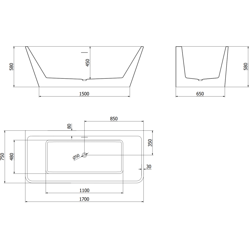 Mexen Volta voľne stojaca vaňa pri stene 170 x 75 cm, biela, prepad gun gray brúsený - 51131707500-66