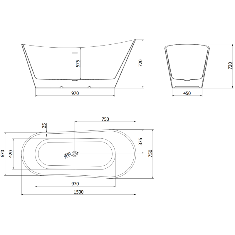 Mexen Dora samostatne stojaca vaňa 150 x 75 cm, biela, biely prepad - 52071507500-20