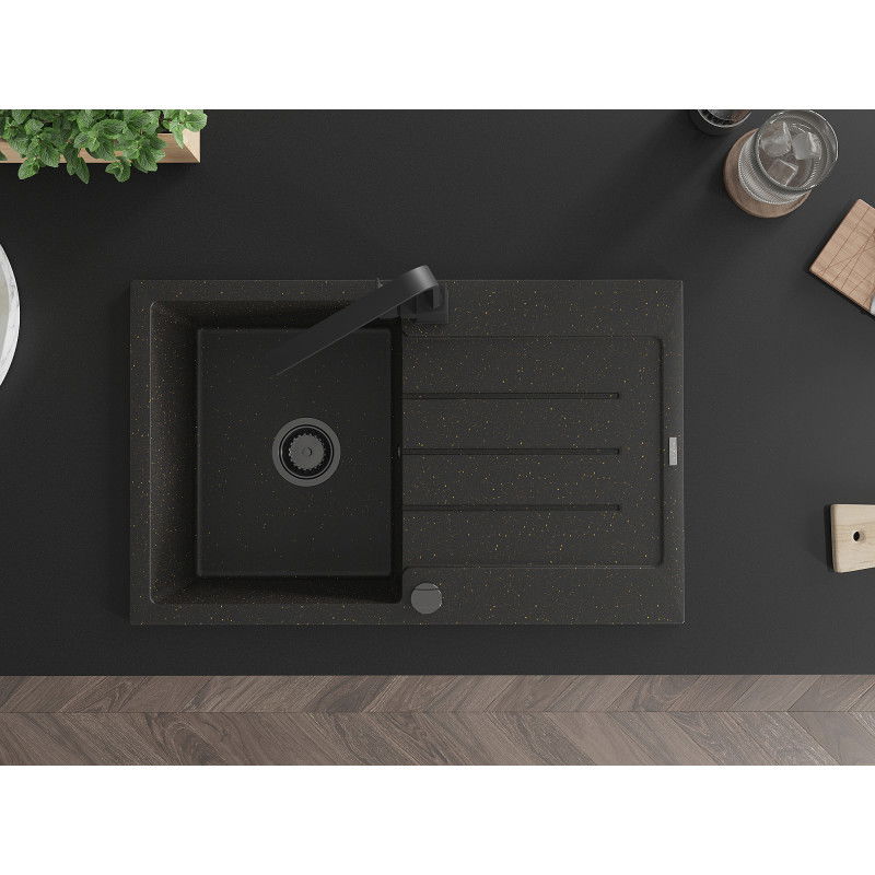 Mexen Bruno jednodrezový granitový drez s odkvapkávačom a kuchynskou batériou Rita, čierny/zlatý metalik