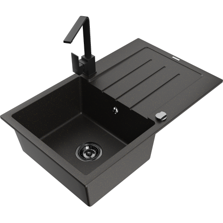 Mexen Bruno jednodrezový granitový drez s odkvapkávačom a kuchynskou batériou Rita, čierny/zlatý metalik