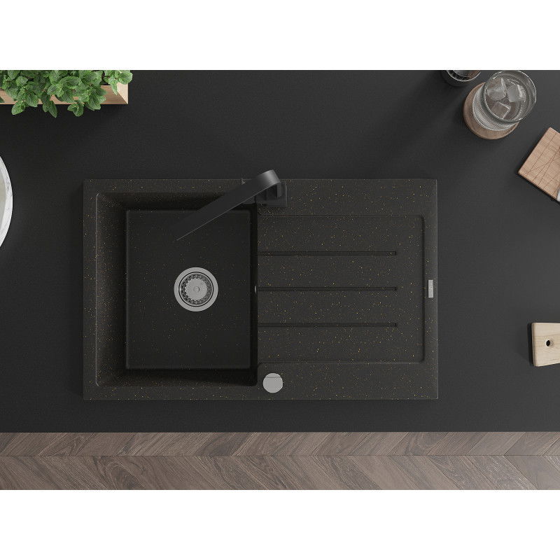 Mexen Bruno Granitový kuchynský drez s jednou komorou s odkapávačom a kuchynskou batériou Rita, čierny/zlatý metalický