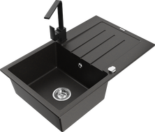 Mexen Bruno Granitový kuchynský drez s jednou komorou s odkapávačom a kuchynskou batériou Rita, čierny/zlatý metalický