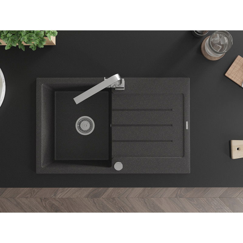 Mexen Bruno granitový drez s 1 komorou s odkvapkávačom a kuchynskou batériou Rita, čierno bodkovaný - 6513-76-670300-00