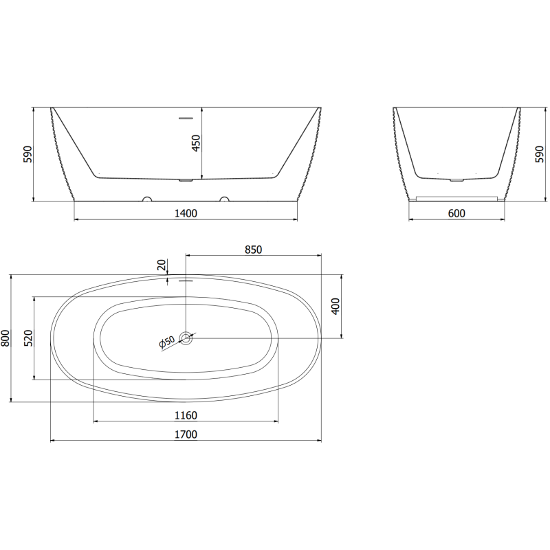 Mexen Lira voľne stojaca vaňa vzor 170 x 80 cm, biela/čierna, preliv gun gray brúsený - 52831708075-66