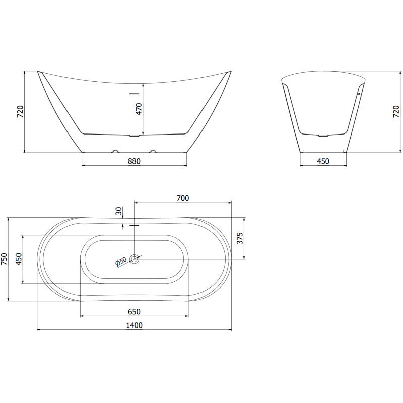 Mexen Lotos vaňa voľne stojaca 140 x 75 cm, biela, prepad zlatý - 52051407700-50