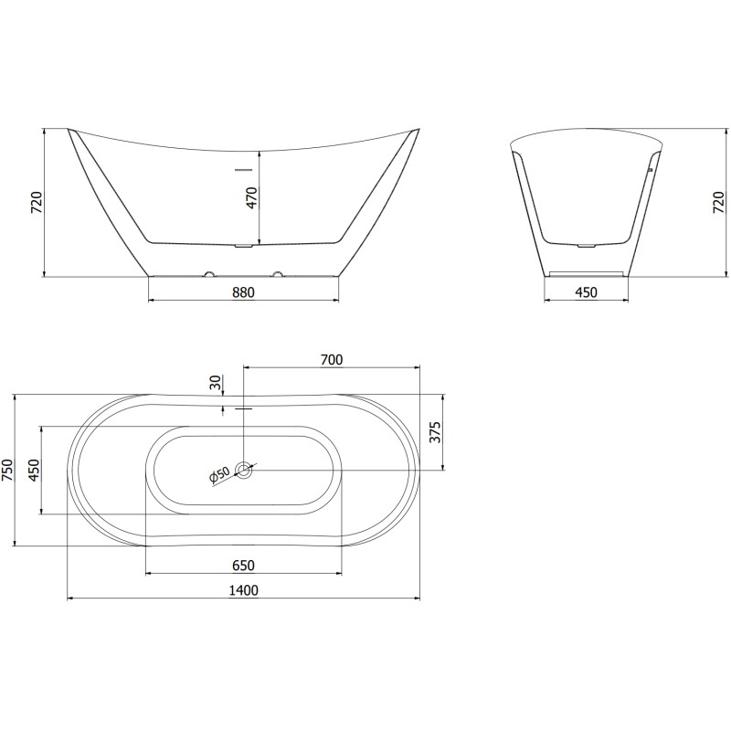 Mexen Lotos voľne stojaca vaňa 140 x 75 cm, biela, preliv gun metal - 52051407700-95