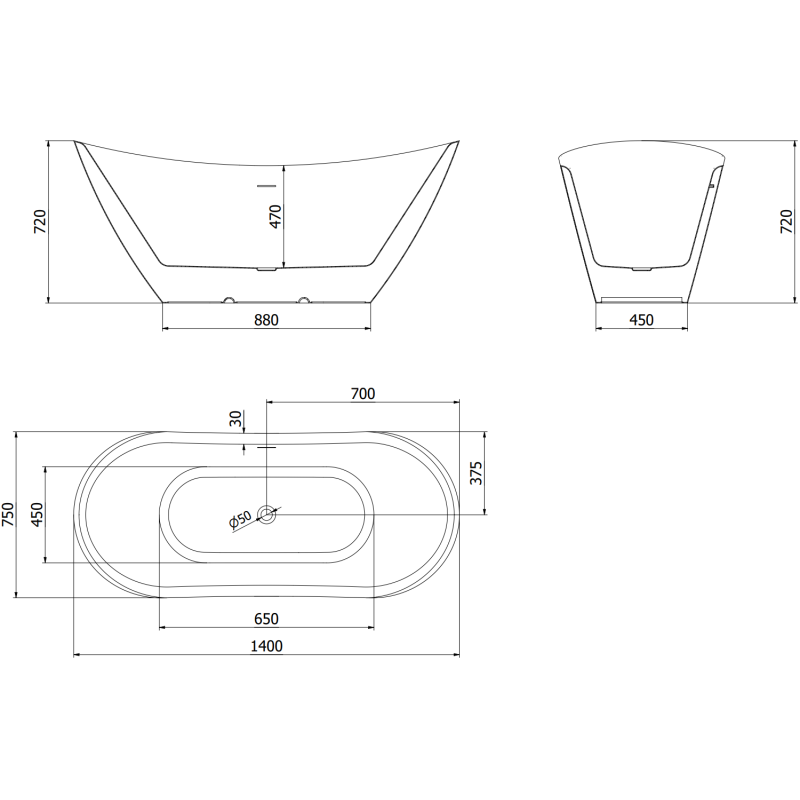Mexen Lotos voľne stojaca vaňa 140 x 75 cm, biela/čierna, čierny prepad - 52051407775-70