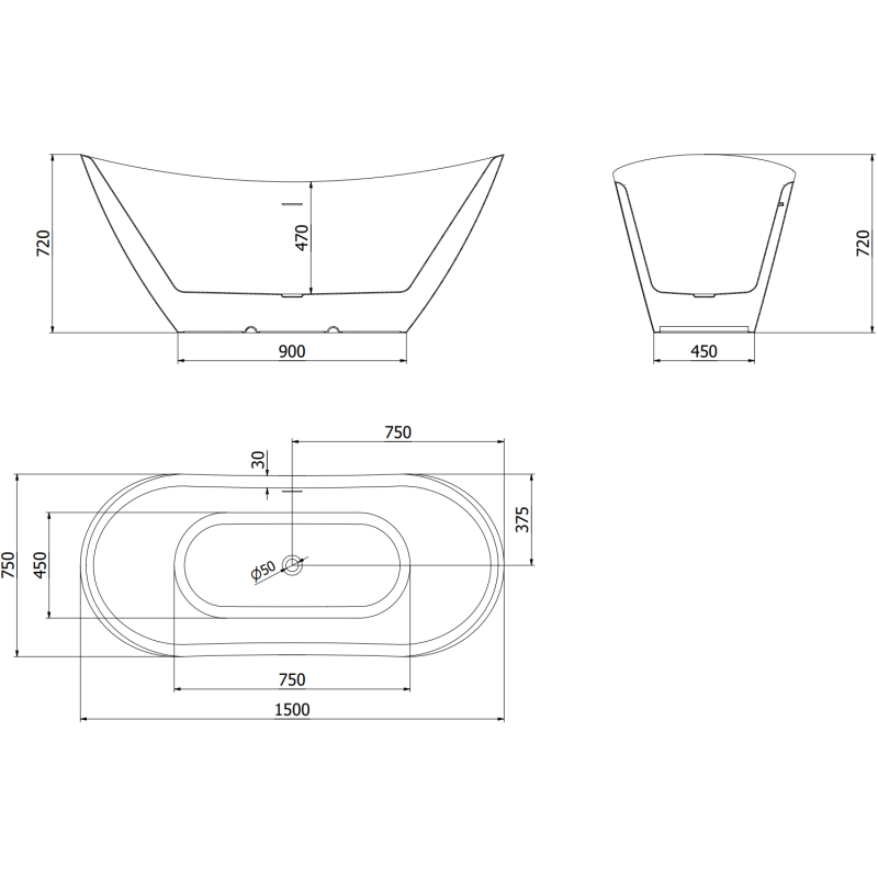 Mexen Lotos voľne stojaca vaňa 150 x 75 cm, biela, preliv gun metal - 52051507700-95