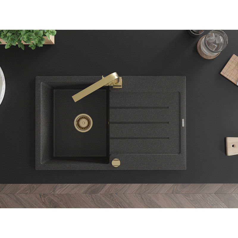 Mexen Bruno granitový drez s 1 komorou, odkvapkávacou plochou a kuchynskou batériou Rita, čierno bodkovaný - 6513-76-670300-50