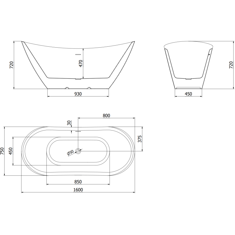 Mexen Lotos voľne stojaca vaňa 160 x 75 cm, biela, prepad brúsený nikel - 52051607700-97
