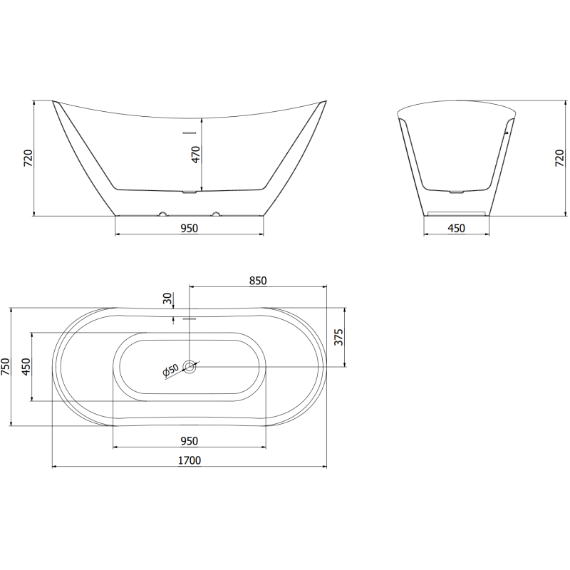 Mexen Lotos voľne stojaca vaňa 170 x 75 cm, biela/čierna, čierne preliv - 52051707775-70