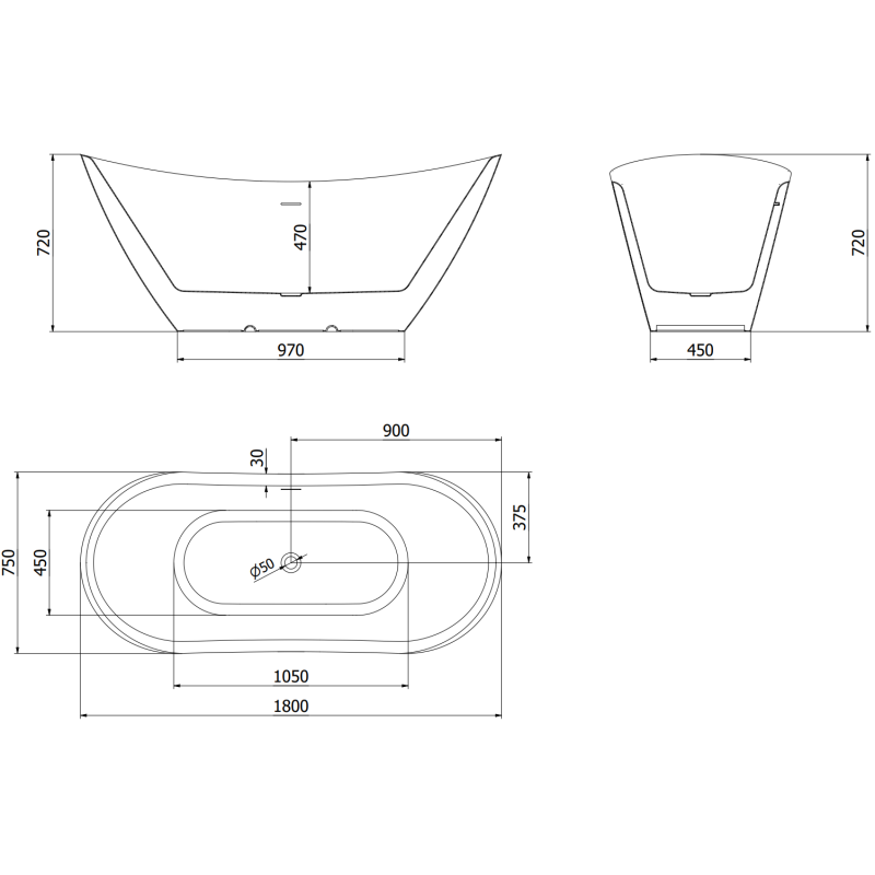 Mexen Lotos voľne stojaca vaňa 180 x 75 cm, biela, čierny prepad - 52051807700-70