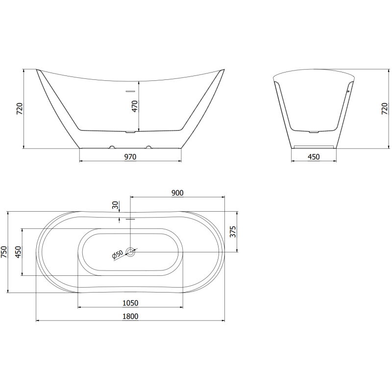 Mexen Lotos voľne stojaca vaňa 180 x 75 cm, biela/čierna, prepad gun gray kartáčovaný - 52051807775-66