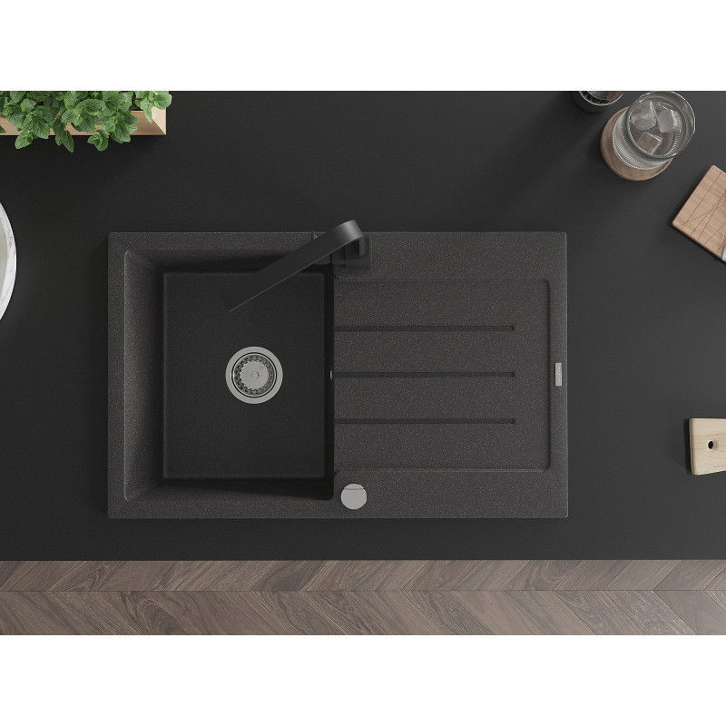 Mexen Bruno žulový drez 1-komorový s odkvapkávačom a kuchynskou batériou Rita, čierny škvrnitý - 6513-76-670300-70