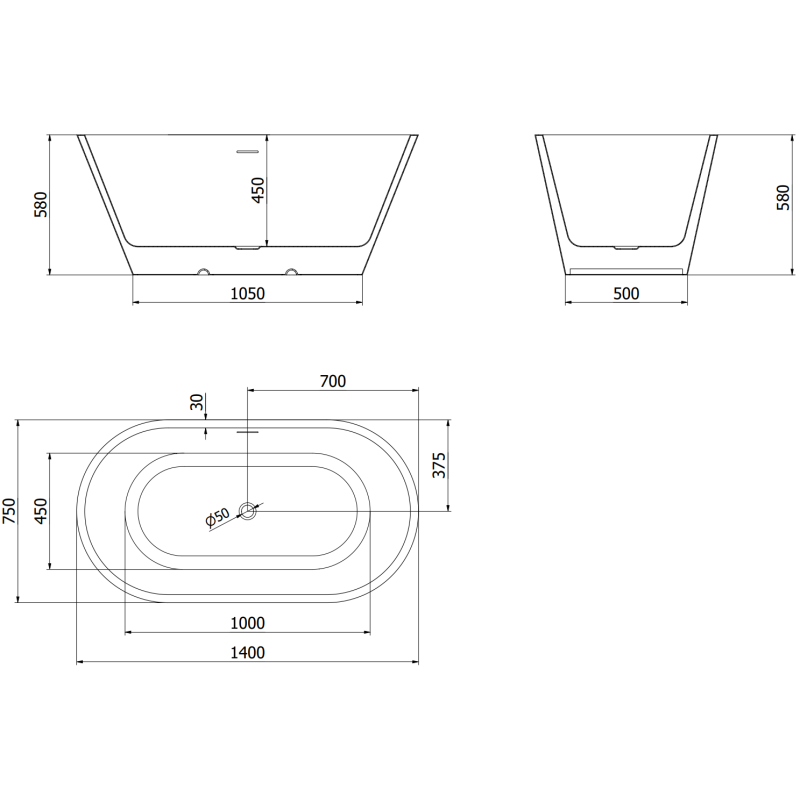 Mexen Luna voľne stojaca vaňa 140 x 75 cm, biela, preliv gun gray kartáčovaný - 52031407500-66