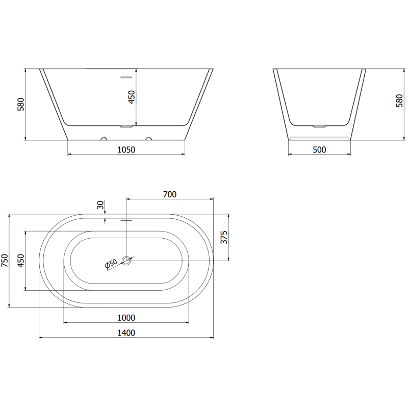Mexen Luna samostatne stojaca vaňa 140 x 75 cm, biela/čierna, prepad gun gray kartáčovaný - 52031407575-66