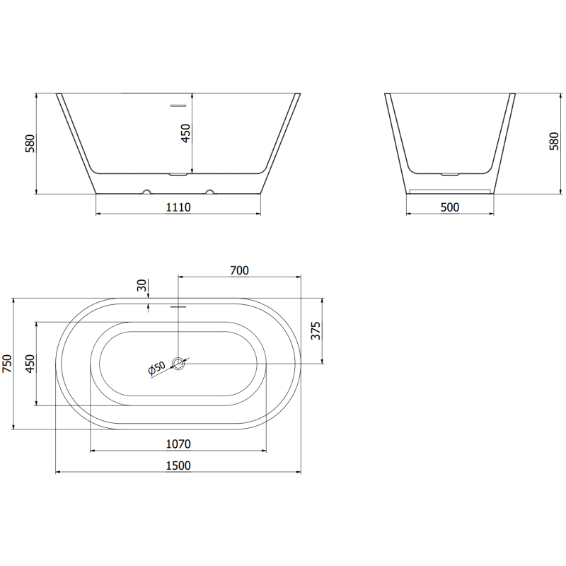 Mexen Luna voľne stojaca vaňa 150 x 75 cm, biela, biely prepad - 52031507500-20