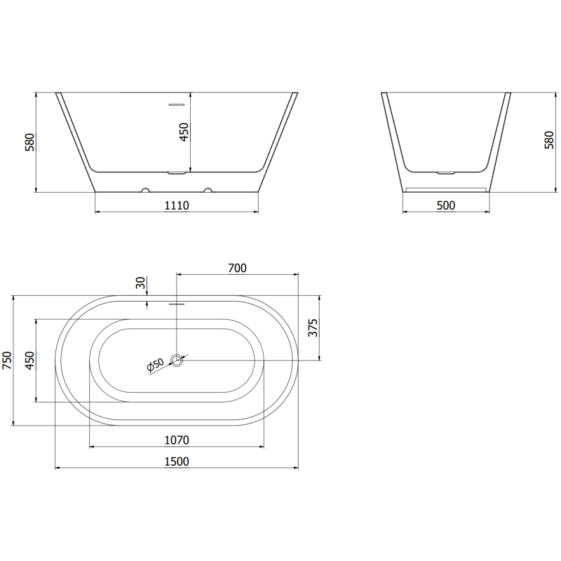 Mexen Luna voľne stojaca vaňa 150 x 75 cm, biela/čierna, prepad gun gray leštený - 52031507575-66