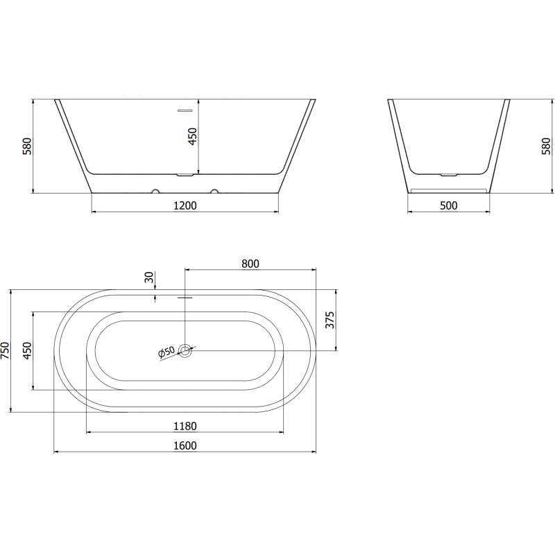 Mexen Luna voľne stojaca vaňa 160 x 75 cm, biela, preliv gun gray brúsený - 52031607500-66