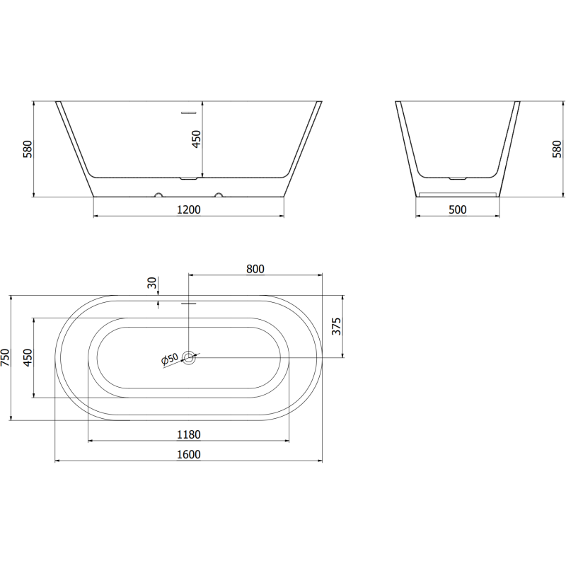 Mexen Luna voľne stojaca vaňa 160 x 75 cm, biela/čierna, zlatý kartáčovaný prepad - 52031607575-55